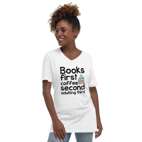 Fangs & Felons: Coffee First, Books Second, Adulting Third: Unisex Short Sleeve V-Neck T-Shirt